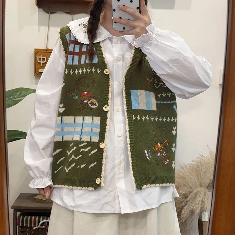 Wjczt sweater Mori Girl Artistic Retro Cartoon Embroidered Outer Wear Slimming Korean Style Age-Reducing Vest Soft Glutinous Knitted Vest All-Matching Top