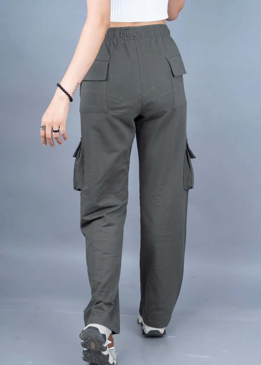 Women Premium Terry Cargo Pants - Olive Green