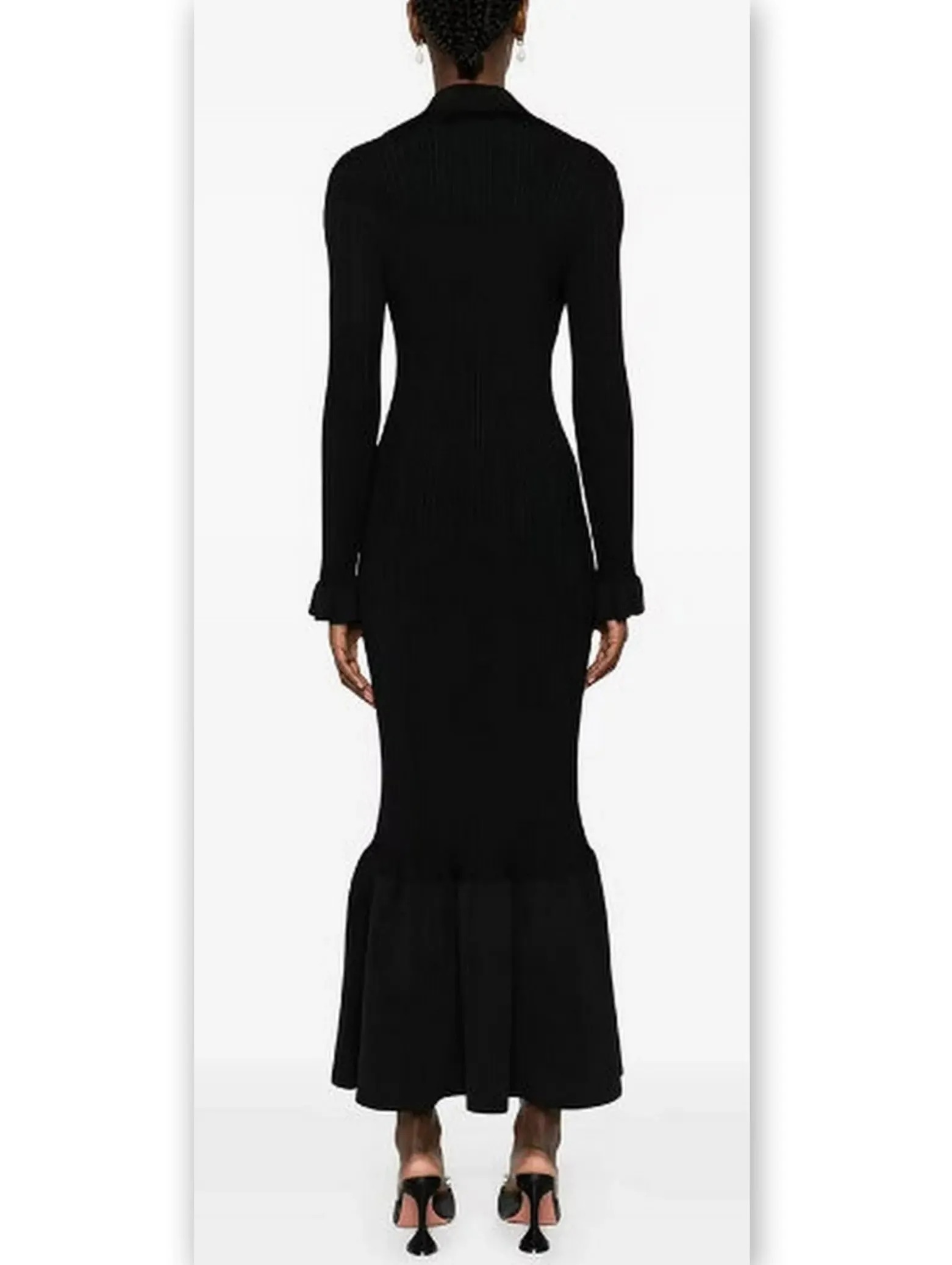 Women’s Black Ribbed Knit Fluted-Hem Midi Dress