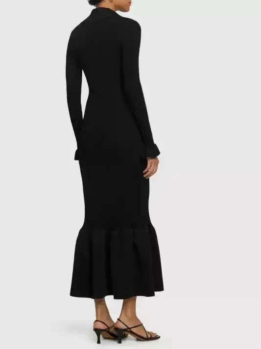 Women’s Black Ribbed Knit Fluted-Hem Midi Dress