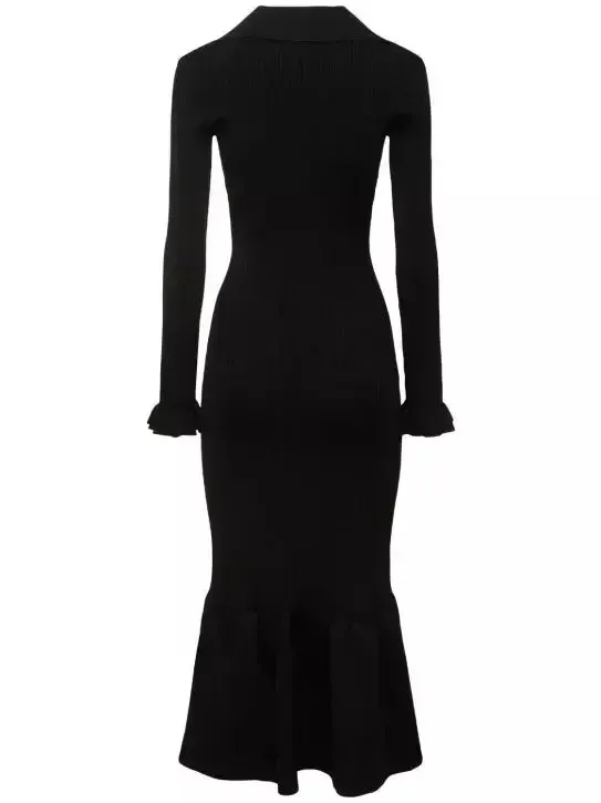 Women’s Black Ribbed Knit Fluted-Hem Midi Dress